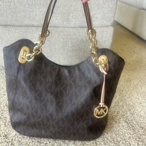 Michael Kors Dark Brown MK Monogram Chain-Handle Shoulder Bag